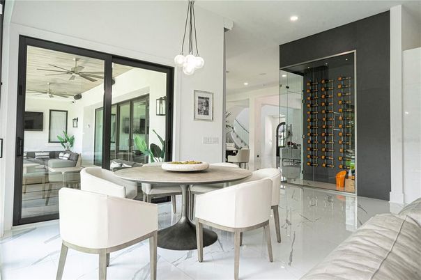 Dining room, Interior, Marble, Pendant Lights, Recessed Lighting, Wine Storage