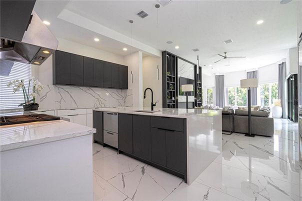 Interior, Kitchen, Living room, Marble, Marble Walls, Pendant Lights, Recessed Lighting, Stainless Steel Appliances