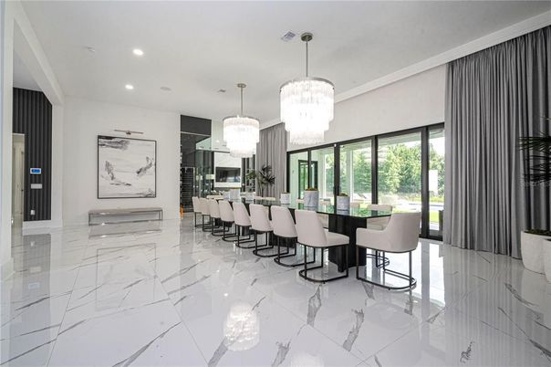 Chandelier, Dining room, Interior, Marble, Recessed Lighting