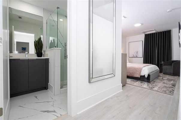 Bathroom, Bedroom, Glass Shower, Interior, Marble, Recessed Lighting, Wood Texture Flooring