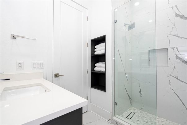 Bathroom, Glass Shower, Interior, Marble Walls, Recessed Lighting