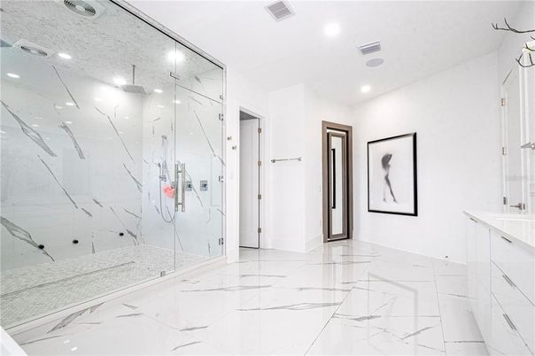 Bathroom, Glass Shower, Interior, Marble, Marble Walls, Recessed Lighting