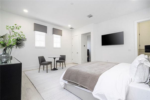 Bedroom, Interior, Recessed Lighting, Wood Texture Flooring