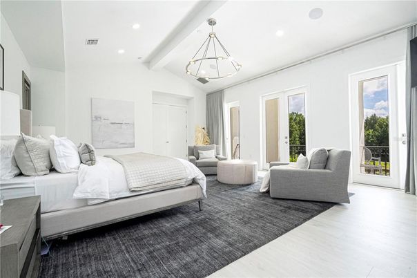 Bedroom, Interior, Pendant Lights, Recessed Lighting, Wood Texture Flooring
