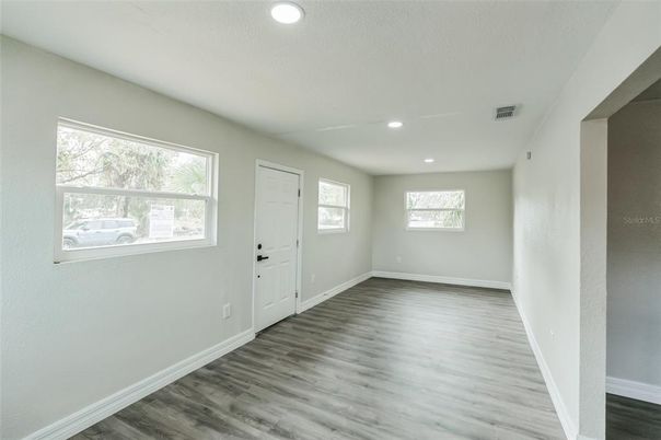 Empty room, Interior, Recessed Lighting, Wood Texture Flooring