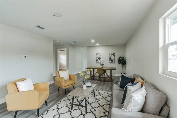 Dining room, Interior, Living room, Recessed Lighting, Wood Texture Flooring