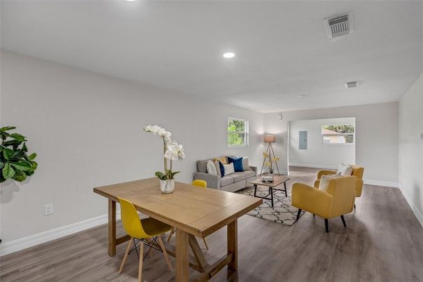 Dining room, Interior, Living room, Recessed Lighting, Wood Texture Flooring