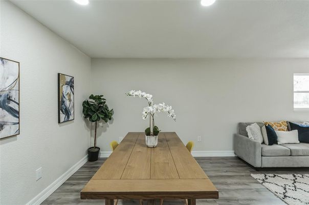 Dining room, Interior, Recessed Lighting, Wood Texture Flooring