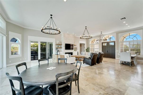 Chandelier, Dining room, Fireplace, Interior, Living room, Pendant Lights, Recessed Lighting