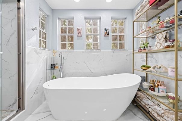 Bathroom, Free Standing Baths, Interior, Marble, Marble Walls, Recessed Lighting