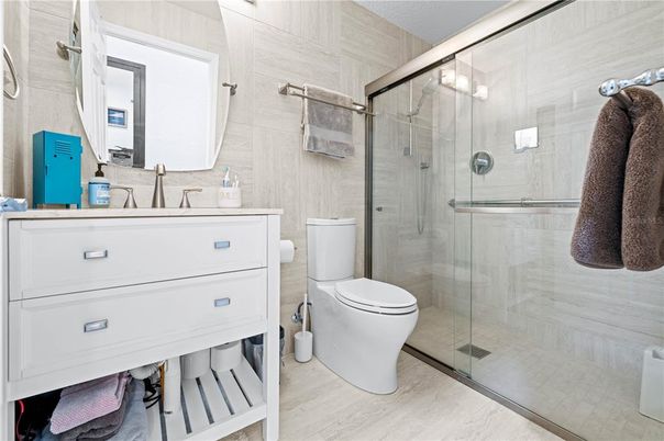 Bathroom, Glass Shower, Interior, Wood Texture Flooring