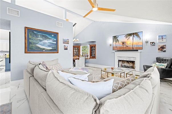 Fireplace, Interior, Living room, Marble, Pendant Lights