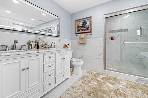 Bathroom, Glass Shower, Interior, Marble, Marble Walls, Recessed Lighting