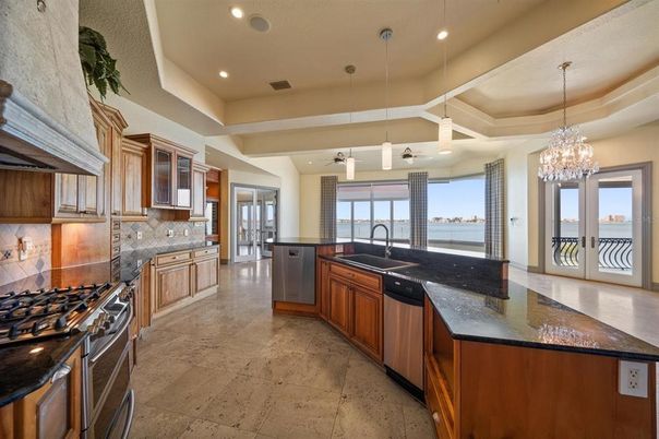 Chandelier, Interior, Kitchen, Pendant Lights, Recessed Lighting, Stainless Steel Appliances
