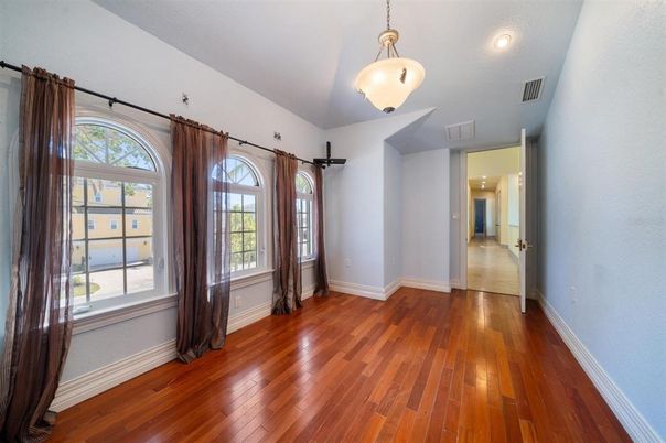 Empty room, Interior, Pendant Lights, Recessed Lighting, Wood Texture Flooring