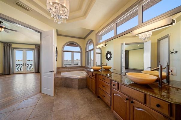 Bathroom, Chandelier, Interior, Recessed Lighting, Wood Texture Flooring