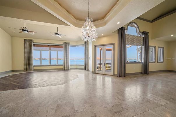 Chandelier, Empty room, Interior, Recessed Lighting, Wood Texture Flooring