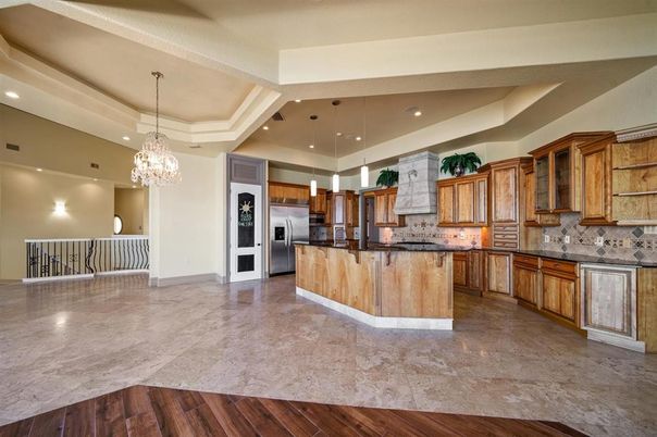 Chandelier, Interior, Kitchen, Pendant Lights, Recessed Lighting, Stainless Steel Appliances, Wood Texture Flooring