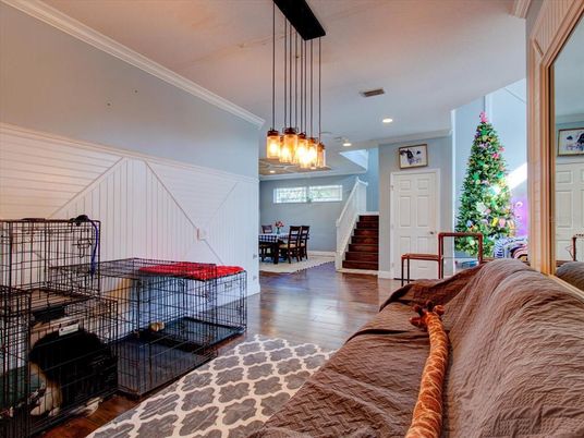 Dining room, Interior, Pendant Lights, Recessed Lighting, Wood Texture Flooring