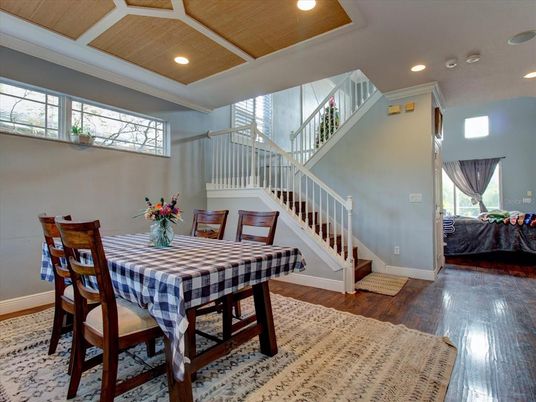 Dining room, Interior, Recessed Lighting, Wooden Ceilings, Wood Texture Flooring