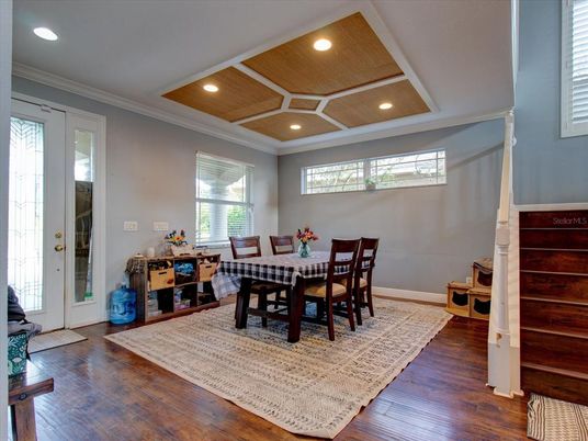 Dining room, Interior, Recessed Lighting, Wooden Ceilings, Wood Texture Flooring