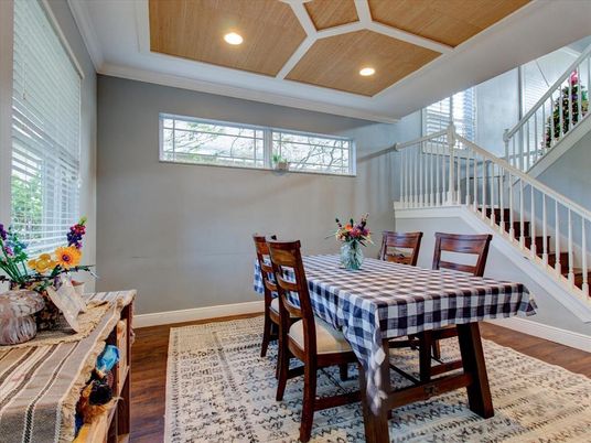 Dining room, Interior, Recessed Lighting, Wooden Ceilings, Wood Texture Flooring