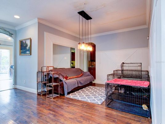 Bedroom, Interior, Pendant Lights, Recessed Lighting, Wood Texture Flooring