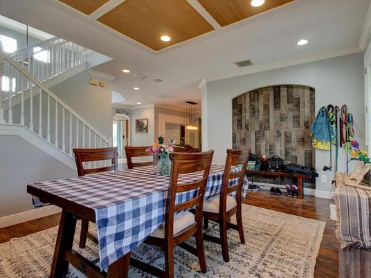 Dining room, Interior, Pendant Lights, Recessed Lighting, Wooden Ceilings, Wood Texture Flooring