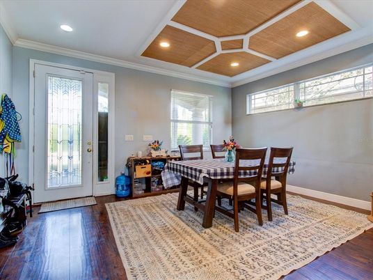 Dining room, Interior, Recessed Lighting, Wooden Ceilings, Wood Texture Flooring