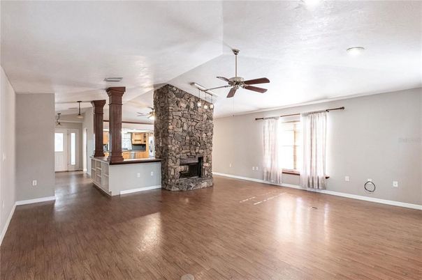 Empty room, Fireplace, Interior, Kitchen, Stone Walls, Wood Texture Flooring