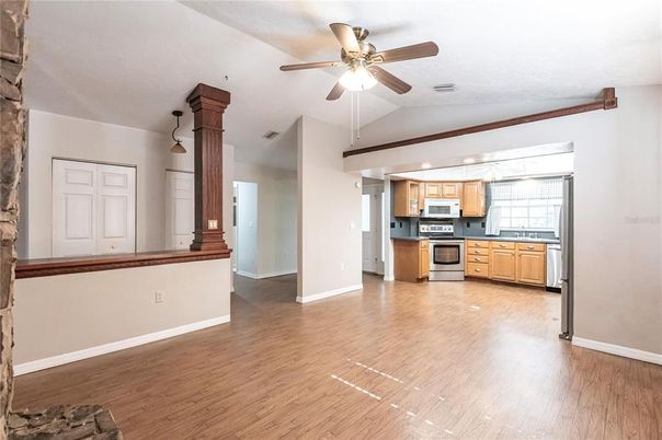 Interior, Kitchen, Pendant Lights, Stainless Steel Appliances, Wood Texture Flooring