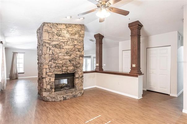 Empty room, Fireplace, Interior, Stone Walls, Wood Texture Flooring