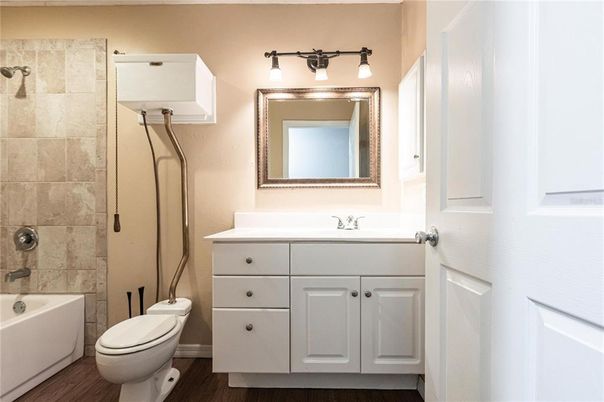 Bathroom, Glass Shower, Interior, Wood Texture Flooring