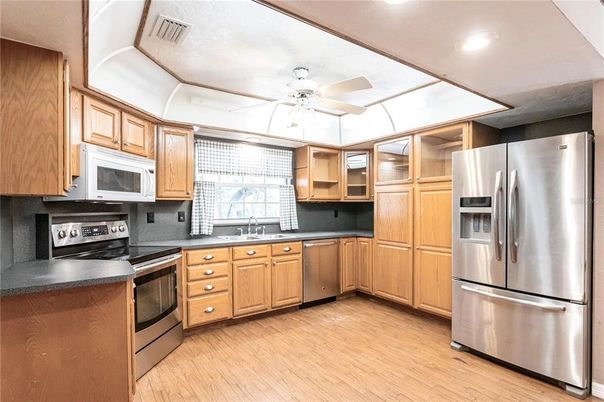 Interior, Kitchen, Recessed Lighting, Stainless Steel Appliances, Wood Texture Flooring