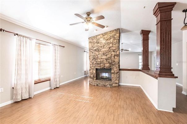 Empty room, Fireplace, Interior, Stone Walls, Wood Texture Flooring