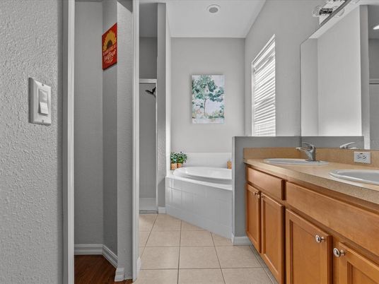 Bathroom, Dual Sink Vanities, Interior, Recessed Lighting, Wood Texture Flooring