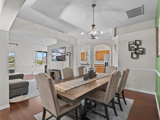 Chandelier, Dining room, Fireplace, Interior, Pendant Lights, Recessed Lighting, Wood Texture Flooring