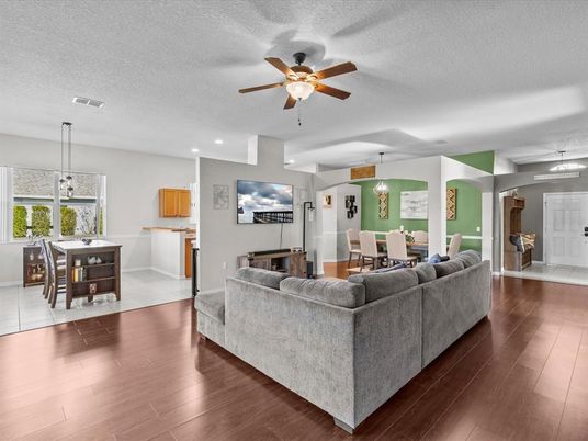 Dining room, Interior, Living room, Pendant Lights, Recessed Lighting, Wood Texture Flooring
