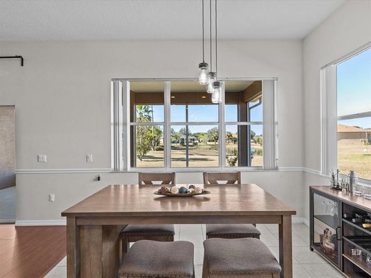 Dining room, Interior, Pendant Lights, Wood Texture Flooring