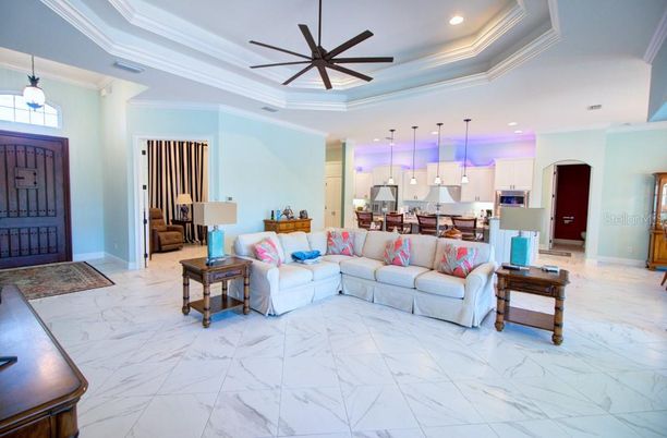 Interior, Kitchen, Living room, Marble, Pendant Lights, Recessed Lighting, Stainless Steel Appliances
