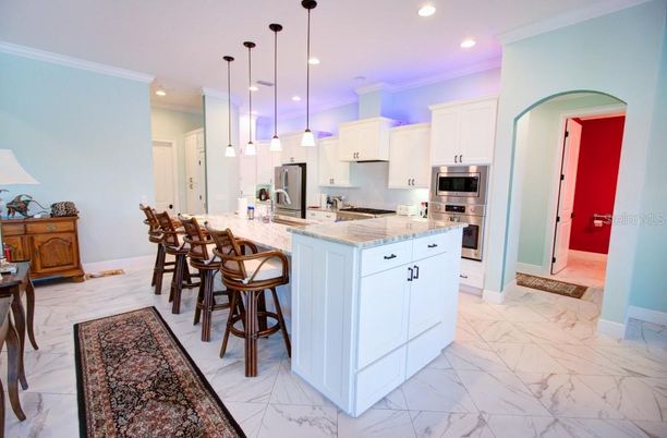 Interior, Kitchen, Marble, Pendant Lights, Recessed Lighting, Stainless Steel Appliances