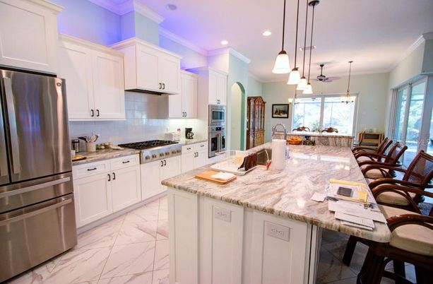 Dining room, Interior, Kitchen, Marble, Pendant Lights, Recessed Lighting, Stainless Steel Appliances