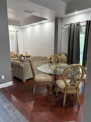 Dining room, Interior, Living room, Recessed Lighting, Wood Texture Flooring