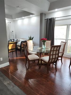 Dining room, Interior, Recessed Lighting, Wood Texture Flooring