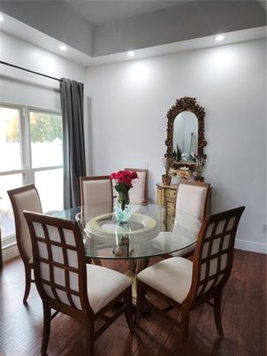 Dining room, Interior, Recessed Lighting, Wood Texture Flooring