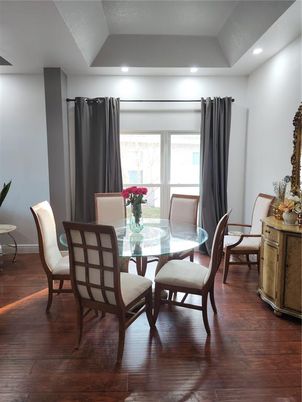 Dining room, Interior, Recessed Lighting, Wood Texture Flooring