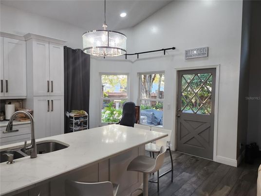 Chandelier, Interior, Kitchen, Pendant Lights, Recessed Lighting, Wood Texture Flooring