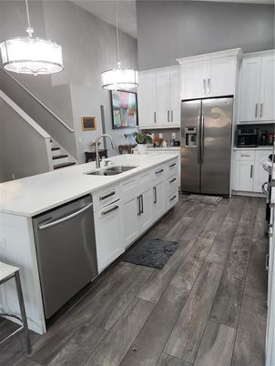 Interior, Kitchen, Pendant Lights, Stainless Steel Appliances, Wood Texture Flooring