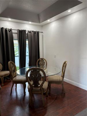 Dining room, Interior, Recessed Lighting, Wood Texture Flooring