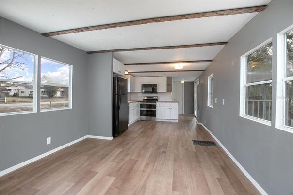 Interior, Kitchen, Stainless Steel Appliances, Wooden Beams, Wood Texture Flooring